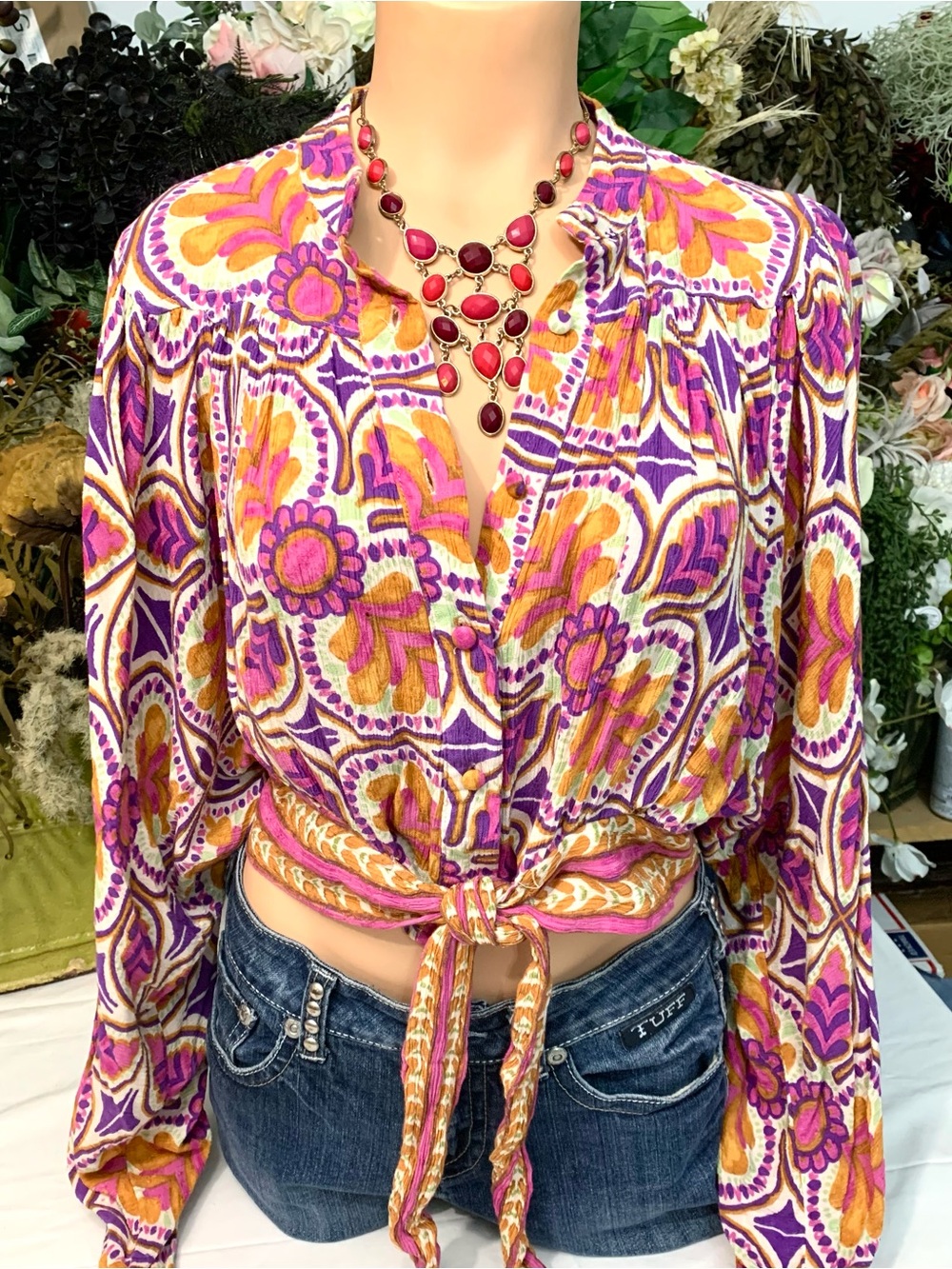 Haute Hippie Boho Multi Color Medallion Print Tie Front Ballon Sleeve Crop Top-L